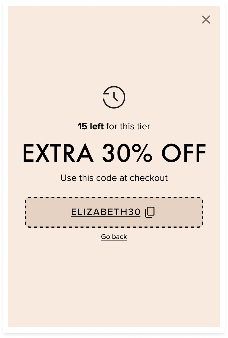 Borboleta popup revealing an extra 30% off code with a limited-tier claim counter, powered by a Quikly urgency campaign. campaign