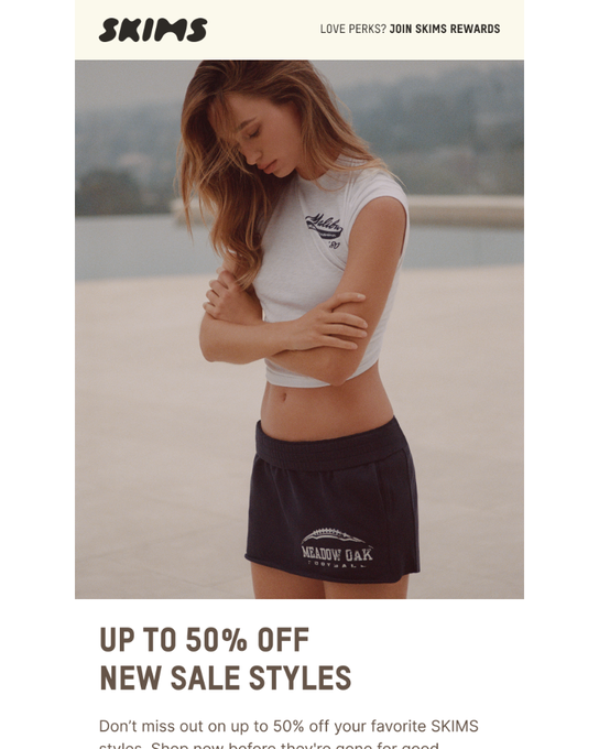 SKIMS promo email — up to 50% off
