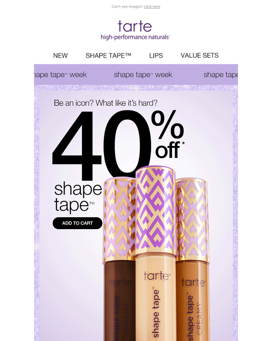 Tarte promo email — 40% off Shape Tape